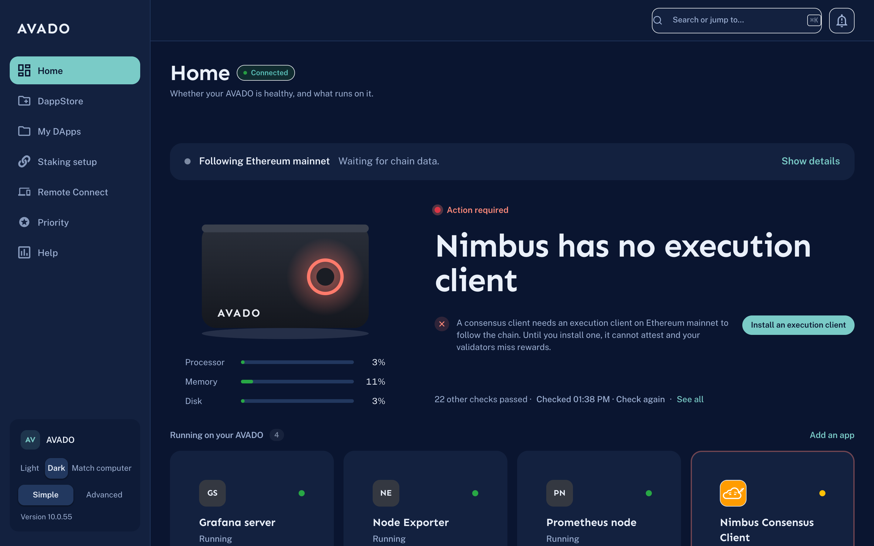 The Home page in the dark theme