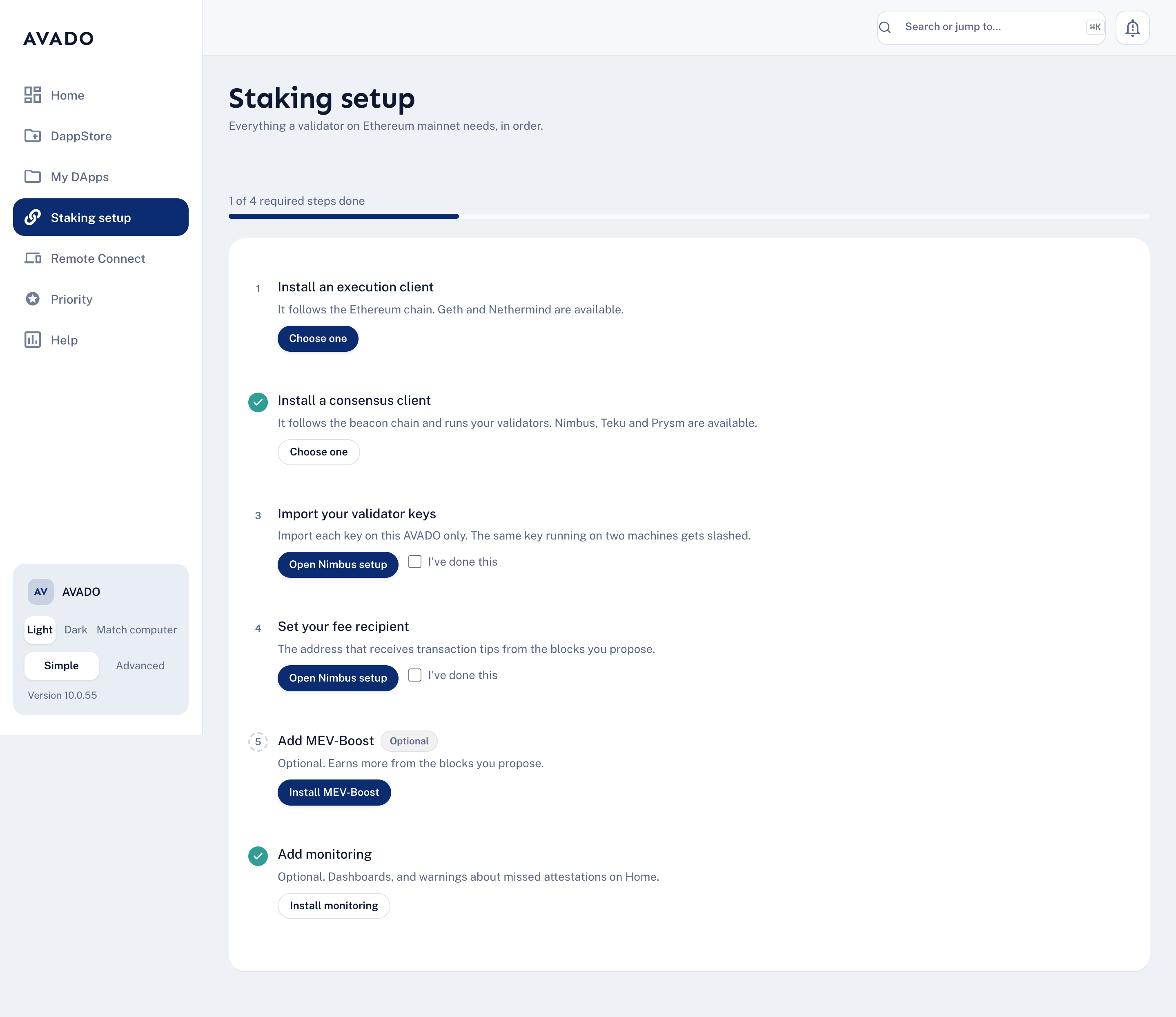 The Staking setup page with six numbered steps