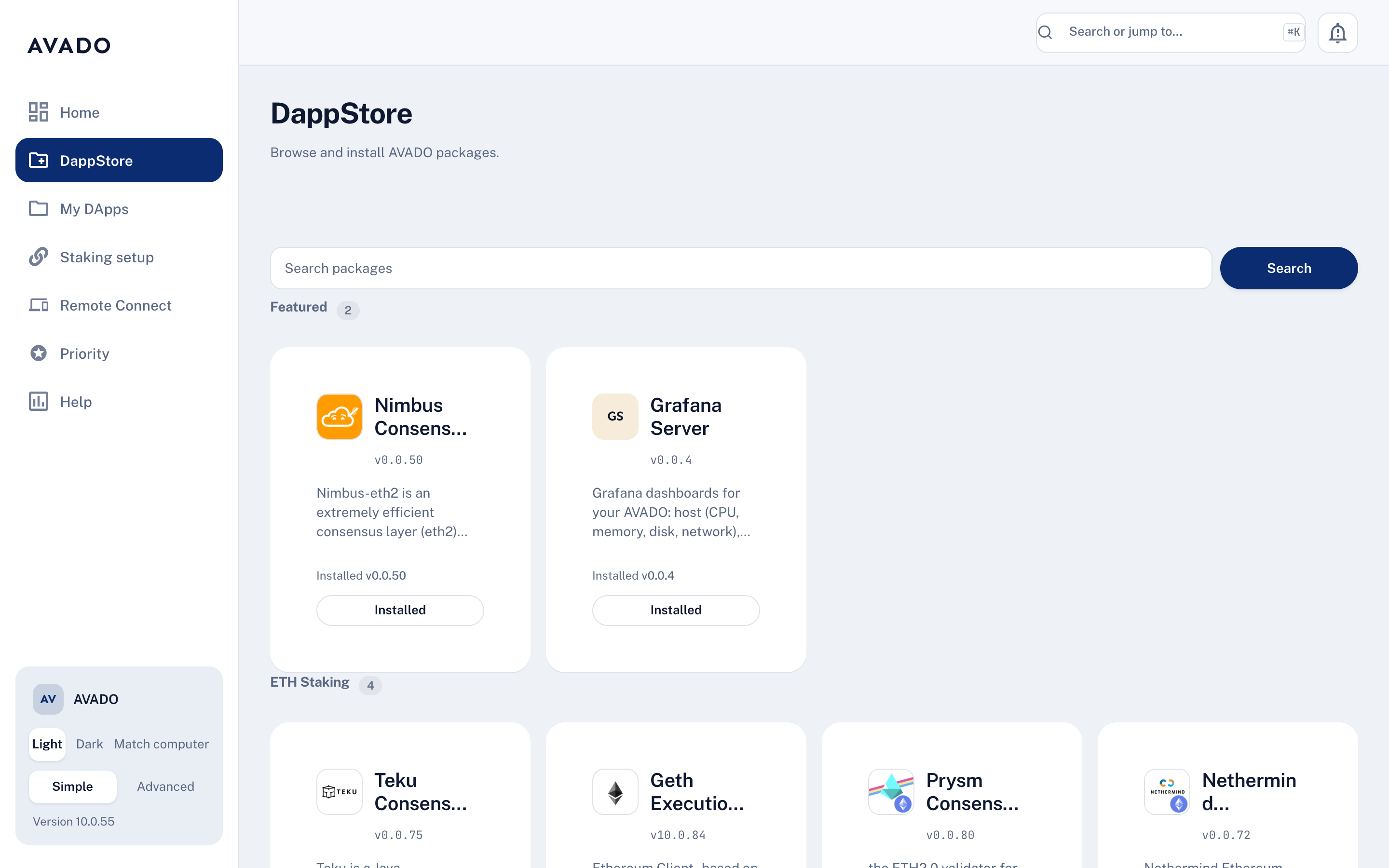 The DappStore with a search box, Featured apps and the ETH Staking category