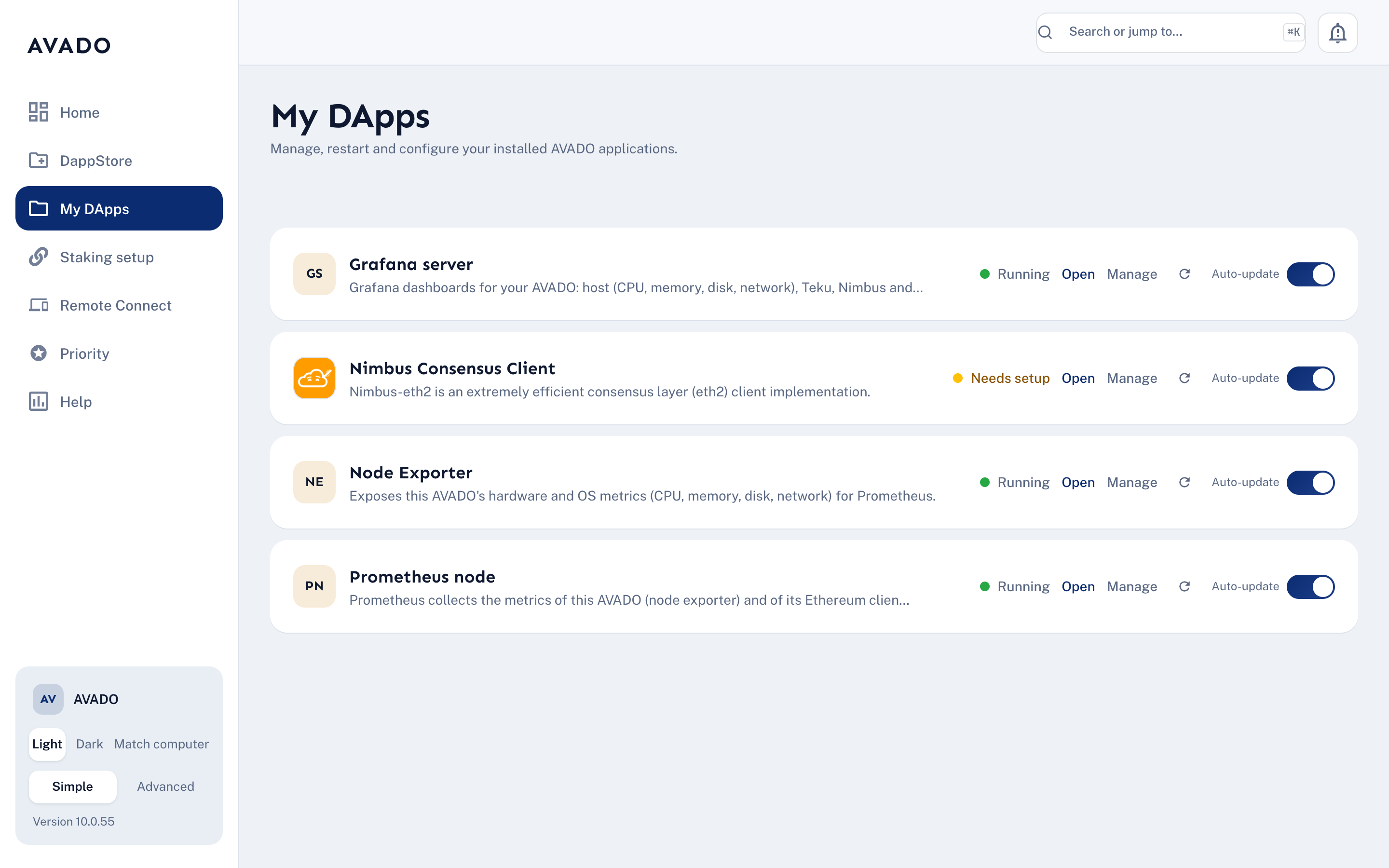 The My DApps list with status, Open, Manage, restart and Auto-update for each app